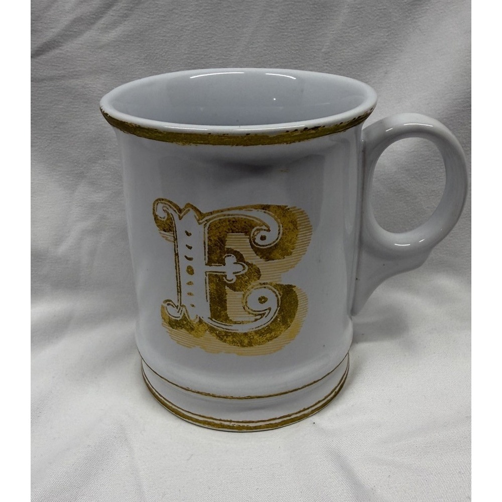 williams sonoma brushed gold writing "e" monogram initial mug